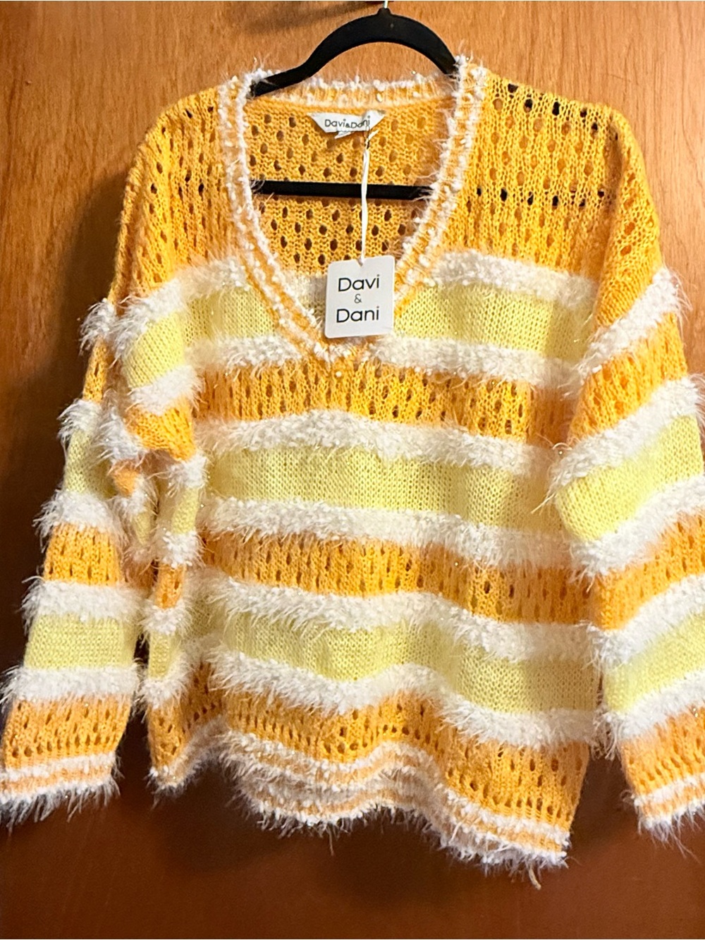 Davi & Dani Yellow and White Open-Knit Striped Sweater